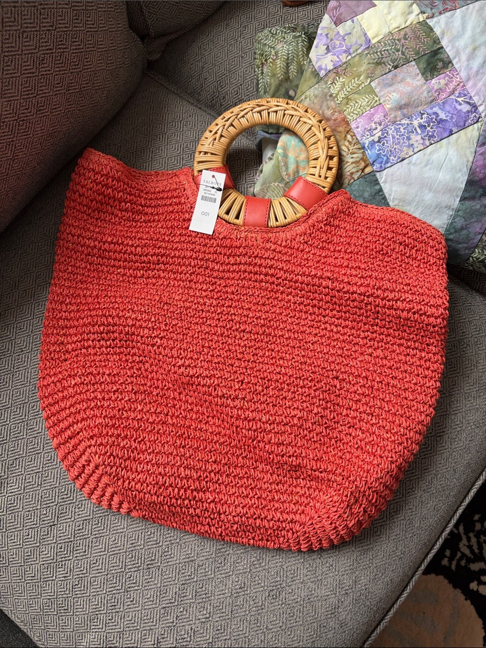 Talbots Coral Red Woven Tote with Bamboo Ring Handles